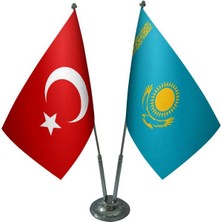 Satürn Design Masaüstü Kazakistan Bayrağı Türk Bayrağı İkili Krom Direk Masa Bayrak Seti