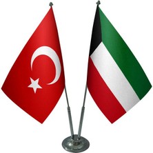Satürn Design Masaüstü Kuveyt Bayrağı Türk Bayrağı İkili Krom Direk Masa Bayrak Seti