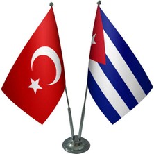 Satürn Design Masaüstü Küba Bayrağı Türk Bayrağı İkili Krom Direk Masa Bayrak Seti