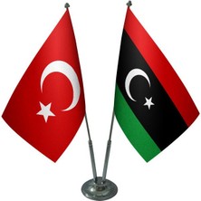 Satürn Design Masaüstü Libya Bayrağı Türk Bayrağı İkili Krom Direk Masa Bayrak Seti