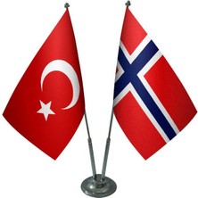 Satürn Design Masaüstü Norveç Bayrağı Türk Bayrağı İkili Krom Direk Masa Bayrak Seti