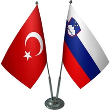 Satürn Design Masaüstü Slovenya Bayrağı Türk Bayrağı İkili Krom Direk Masa Bayrak Seti