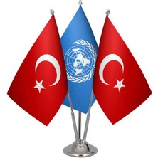 Satürn Design Masaüstü Birleşmiş Milletler Bayrağı Türk Bayrağı Üçlü Krom Direk Masa Bayrak Seti