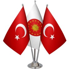 Satürn Design Masaüstü Cumhurbaşkanlığı Bayrağı Türk Bayrağı Üçlü Krom Direk Masa Bayrak Seti