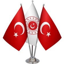 Satürn Design Masaüstü Dışişleri Bakanlığı Bayrağı Türk Bayrağı Üçlü Krom Direk Masa Bayrak Seti
