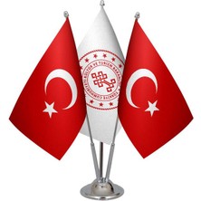 Satürn Design Masaüstü Kültür Bakanlığı Bayrağı Türk Bayrağı Üçlü Krom Direk Masa Bayrak Seti