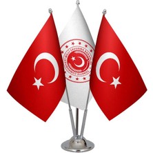 Satürn Design Masaüstü Milli Savunma Bakanlığı Bayrağı Türk Bayrağı Üçlü Krom Direk Masa Bayrak Seti