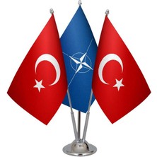 Satürn Design Masaüstü Nato Bayrağı Türk Bayrağı Üçlü Krom Direk Masa Bayrak Seti