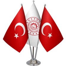 Satürn Design Masaüstü Sanayi Bakanlığı Bayrağı Türk Bayrağı Üçlü Krom Direk Masa Bayrak Seti