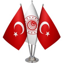 Satürn Design Masaüstü Ticaret Bakanlığı Bayrağı Türk Bayrağı Üçlü Krom Direk Masa Bayrak Seti