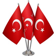 Satürn Design Masaüstü Ittihat ve Terakki Bayrağı Türk Bayrağı Üçlü Krom Direk Masa Bayrak Seti