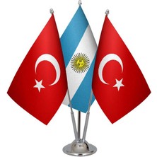 Satürn Design Masaüstü Arjantin Bayrağı Türk Bayrağı Üçlü Krom Direk Masa Bayrak Seti