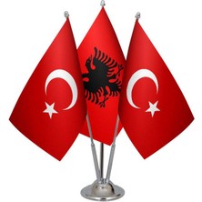 Satürn Design Masaüstü Arnavutluk Bayrağı Türk Bayrağı Üçlü Krom Direk Masa Bayrak Seti
