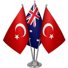 Satürn Design Masaüstü Avustralya Bayrağı Türk Bayrağı Üçlü Krom Direk Masa Bayrak Seti