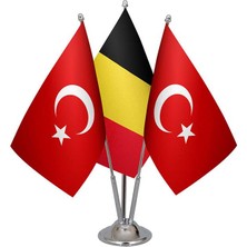 Satürn Design Masaüstü Belçika Bayrağı Türk Bayrağı Üçlü Krom Direk Masa Bayrak Seti