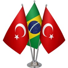 Satürn Design Masaüstü Brezilya Bayrağı Türk Bayrağı Üçlü Krom Direk Masa Bayrak Seti