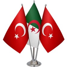 Satürn Design Masaüstü Cezayir Bayrağı Türk Bayrağı Üçlü Krom Direk Masa Bayrak Seti