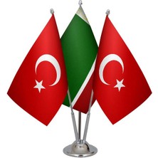 Satürn Design Masaüstü Çeçenistan Bayrağı Türk Bayrağı Üçlü Krom Direk Masa Bayrak Seti