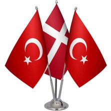 Satürn Design Masaüstü Danimarka Bayrağı Türk Bayrağı Üçlü Krom Direk Masa Bayrak Seti