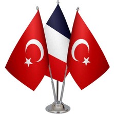 Satürn Design Masaüstü Fransa Bayrağı Türk Bayrağı Üçlü Krom Direk Masa Bayrak Seti