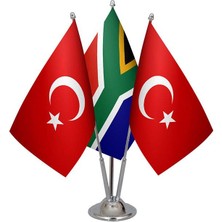 Satürn Design Masaüstü Güney Afrika Bayrağı Türk Bayrağı Üçlü Krom Direk Masa Bayrak Seti
