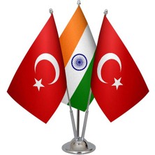 Satürn Design Masaüstü Hindistan Bayrağı Türk Bayrağı Üçlü Krom Direk Masa Bayrak Seti
