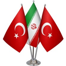 Satürn Design Masaüstü Iran Bayrağı Türk Bayrağı Üçlü Krom Direk Masa Bayrak Seti