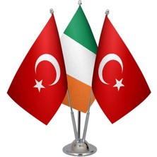 Satürn Design Masaüstü Irlanda Bayrağı Türk Bayrağı Üçlü Krom Direk Masa Bayrak Seti