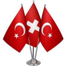 Satürn Design Masaüstü Isviçre Bayrağı Türk Bayrağı Üçlü Krom Direk Masa Bayrak Seti
