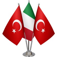 Satürn Design Masaüstü Italya Bayrağı Türk Bayrağı Üçlü Krom Direk Masa Bayrak Seti
