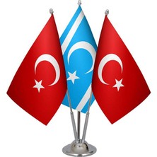 Satürn Design Masaüstü Kerkük Türkmeneli Bayrağı Türk Bayrağı Üçlü Krom Direk Masa Bayrak Seti