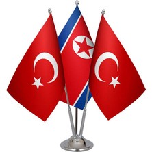 Satürn Design Masaüstü Kuzey Kore Bayrağı Türk Bayrağı Üçlü Krom Direk Masa Bayrak Seti