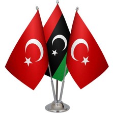 Satürn Design Masaüstü Libya Bayrağı Türk Bayrağı Üçlü Krom Direk Masa Bayrak Seti