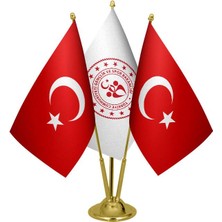 Satürn Design Masaüstü Gençlik ve Spor Bakanlığı Bayrağı Türk Bayrağı Üçlü Pirinç Direk Masa Bayrak Seti