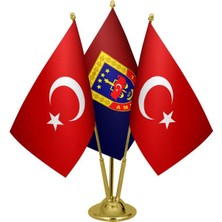 Satürn Design Masaüstü Jandarma Bayrağı Türk Bayrağı Üçlü Pirinç Direk Masa Bayrak Seti