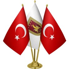 Satürn Design Masaüstü Kara Kuvvetleri Bayrağı Türk Bayrağı Üçlü Pirinç Direk Masa Bayrak Seti