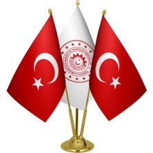 Satürn Design Masaüstü Sanayi Bakanlığı Bayrağı Türk Bayrağı Üçlü Pirinç Direk Masa Bayrak Seti
