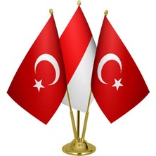 Satürn Design Masaüstü Endonezya Bayrağı Türk Bayrağı Üçlü Pirinç Direk Masa Bayrak Seti
