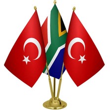 Satürn Design Masaüstü Güney Afrika Bayrağı Türk Bayrağı Üçlü Pirinç Direk Masa Bayrak Seti