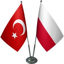 Satürn Design Masaüstü Polonya Bayrağı Türk Bayrağı İkili Krom Direk Masa Bayrak Seti