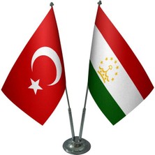 Satürn Design Masaüstü Tacikistan Bayrağı Türk Bayrağı İkili Krom Direk Masa Bayrak Seti