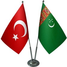 Satürn Design Masaüstü Türkmenistan Bayrağı Türk Bayrağı İkili Krom Direk Masa Bayrak Seti