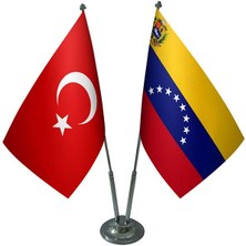 Satürn Design Masaüstü Venezuella Bayrağı Türk Bayrağı İkili Krom Direk Masa Bayrak Seti