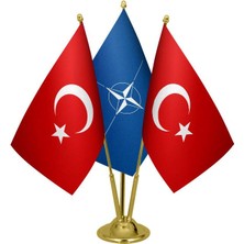 Satürn Design Masaüstü Nato Bayrağı Türk Bayrağı Üçlü Pirinç Direk Masa Bayrak Seti