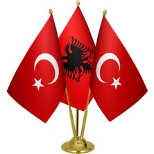 Satürn Design Masaüstü Arnavutluk Bayrağı Türk Bayrağı Üçlü Pirinç Direk Masa Bayrak Seti