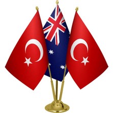 Satürn Design Masaüstü Avustralya Bayrağı Türk Bayrağı Üçlü Pirinç Direk Masa Bayrak Seti