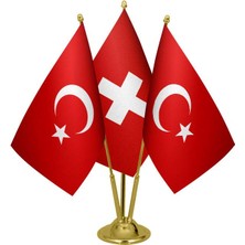 Satürn Design Masaüstü Isviçre Bayrağı Türk Bayrağı Üçlü Pirinç Direk Masa Bayrak Seti