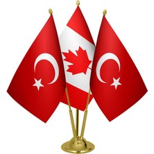 Satürn Design Masaüstü Kanada Bayrağı Türk Bayrağı Üçlü Pirinç Direk Masa Bayrak Seti