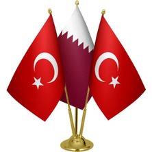 Satürn Design Masaüstü Katar Bayrağı Türk Bayrağı Üçlü Pirinç Direk Masa Bayrak Seti