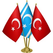 Satürn Design Masaüstü Kerkük Türkmeneli Bayrağı Türk Bayrağı Üçlü Pirinç Direk Masa Bayrak Seti
